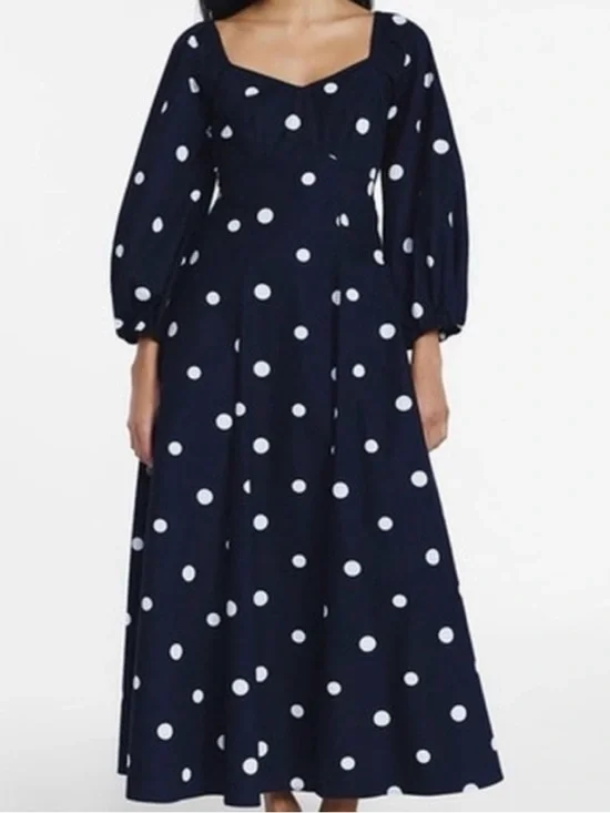 Navy Polka Dot Maxi Dress with Puff Sleeves - Picture 1 of 4